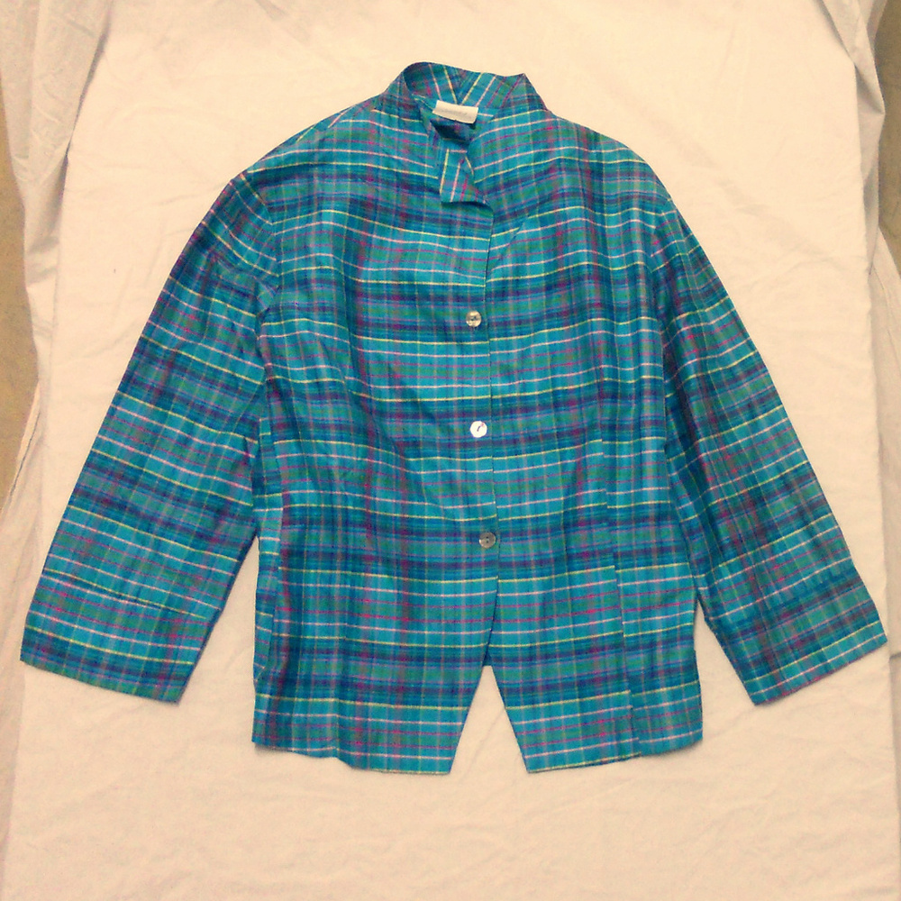 Vtg Silk Linda Bertozzi Blouse M Check USA EUC